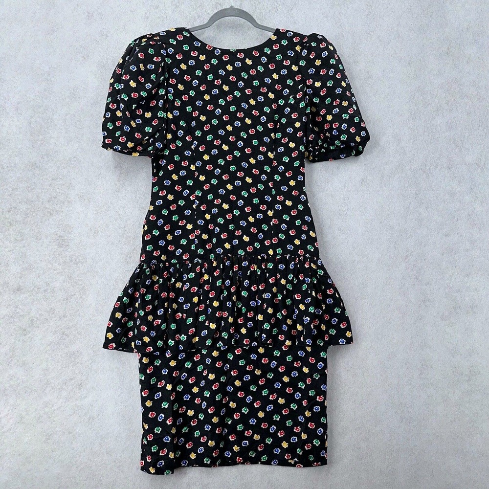 Vintage 80's ST GILLIAN 100% Silk Dress 10 Floral Polka Dot Peplum Shoulder Pads